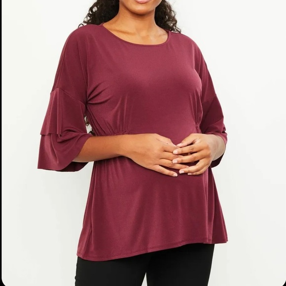 Motherhood Maternity Tops - Motherhood Maternity Layered Ruffle Bell Sleeve Maternity Top Stretch Wine Sz M